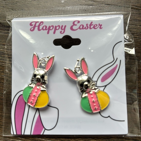 Easter Bunny with Eggs silver fishhook earrings, colorful, fun, holiday festive - Picture 1 of 2
